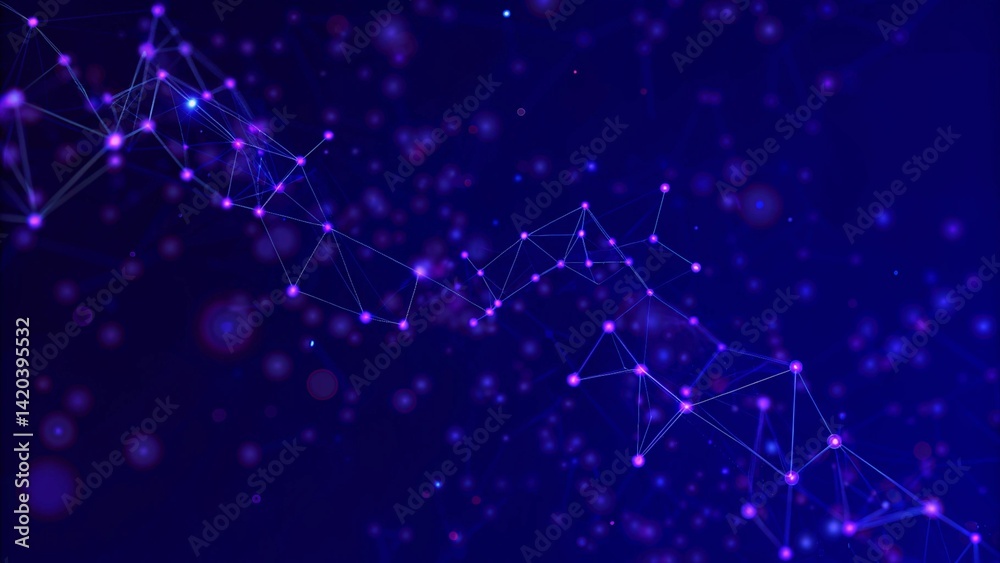 Poster Abstract connection of purple dots on a violet background. Futuristic space. Color music. Digital wave pattern in motion with glowing particles on dark background, futuristic visualization