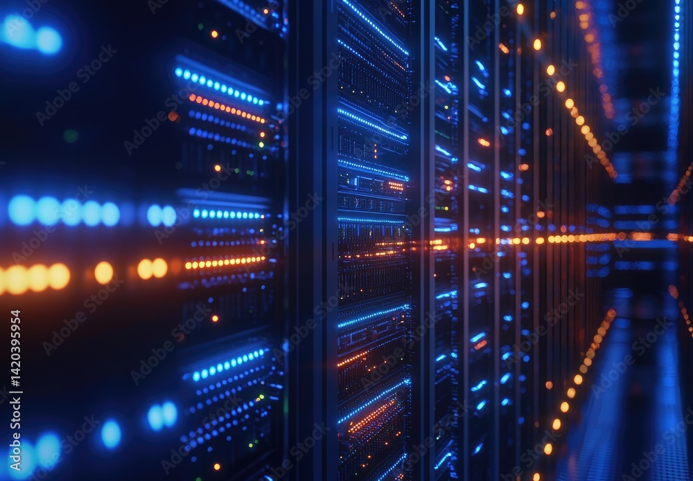 Poster Close-up view of advanced server racks glowing with blue and orange lights in a futuristic data center, perfect for cloud solutions, cybersecurity, and IT infrastructure themes