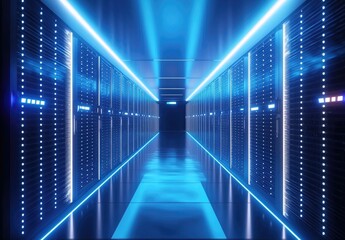 Symmetrical data center hallway with intense blue neon lights and polished floors, perfect for cloud systems, cybersecurity, and futuristic IT infrastructure visuals