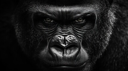 Obraz premium Powerful gorilla close-up, intense gaze, dark background, wildlife photography, for conservation