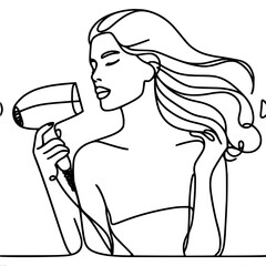 Woman using a hairdryer with flowing hair in a minimalist outline style , single line outline vector 