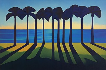 Fototapeta premium Palm trees by the ocean, long shadows