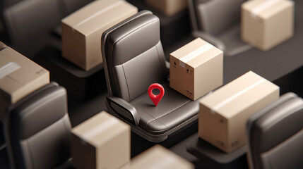 unique scene featuring airplane seat surrounded by cardboard boxes, with location pin seat, symbolizing logistics and travel