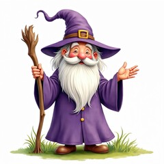 Whimsical wizard illustration, long beard, magical stick. Fantasy-themed character wearing purple costume. Funny smiling magician in pointy hat, holding wooden staff. Perfect for kind of fantasy