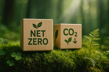 Wooden cubes with net zero and CO2 reduction symbols in a green moss forest, promoting sustainability and carbon neutrality goals