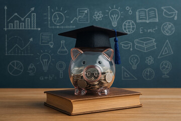 Piggy bank with graduation cap and coins on a book, representing education savings, academic finance, student loans, scholarships, and financial planning..