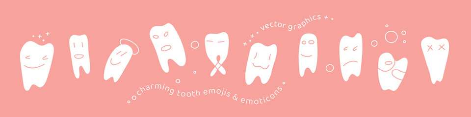 Funny Tooth Doodles – Pediatric Dental Vector Emoji Set on Pink background