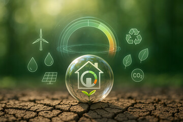 Glass bubble with eco-friendly home icon on dry cracked soil surrounded by sustainability and renewable energy symbols representing climate awareness..