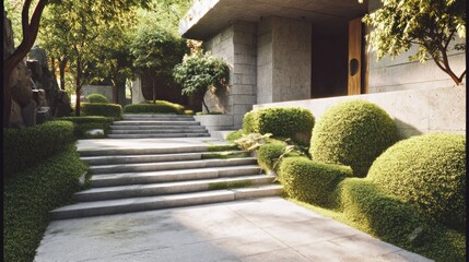 Modern garden entrance with concrete steps and trimmed hedges  