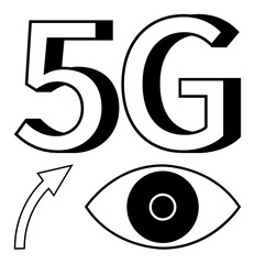 5G text alongside an eye symbol and an upward arrow, emphasizing technology, connectivity, innovation, and progress. Ideal for tech trends, communication, networking, futuristic themes data flow