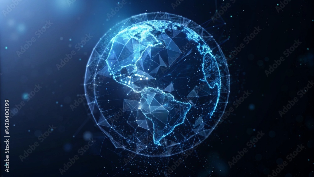 Aufkleber Abstract polygonal planet earth with hologram on dark blue background, digital globe wireframe technology concept future world map visualization data network connection virtual display