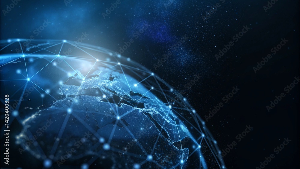 Poster Abstract polygonal planet earth with hologram on dark blue background, digital globe wireframe technology concept future world map visualization data network connection virtual display