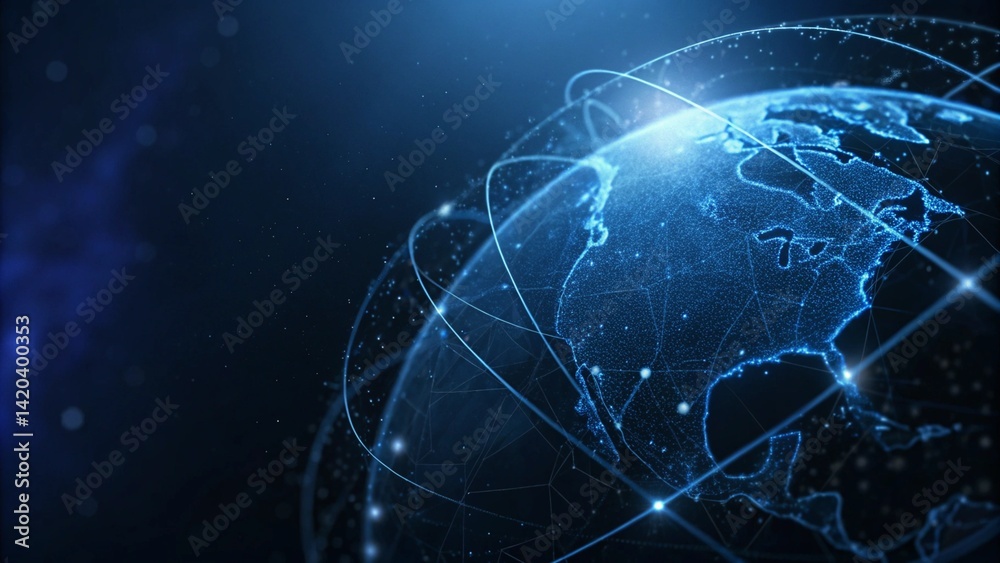 Aufkleber Abstract polygonal planet earth with hologram on dark blue background, digital globe wireframe technology concept future world map visualization data network connection virtual display