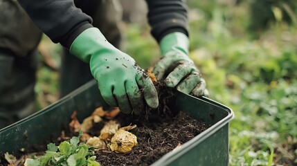 Gardening Hands Planting Soil Compost Green Gloves Organic Farming Sustainable Agriculture Fresh Produce Healthy Lifestyle Eco Friendly Natural       