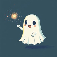 Obraz premium Cheerful Ghost Enjoying a Sparkler: Cute Cartoon Character Illustration with a Touch of Humor
