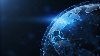 Abstract polygonal planet earth with hologram on dark blue background, digital globe wireframe technology concept future world map visualization data network connection virtual display