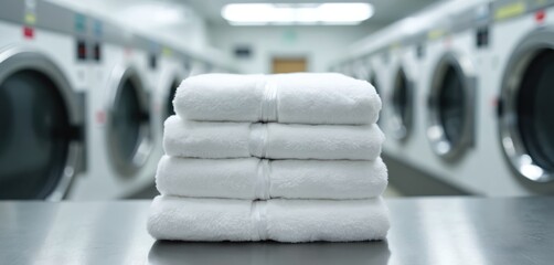 Stacked white towels in commercial laundry facility. Clean folded towels in a hotel or hospital linen service. Fresh textiles at industrial washing machine. Hygiene and cleanliness concept.