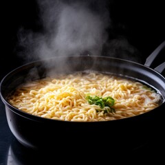 Steaming Noodles in Black Pot Quick Meal Concept, Ramen , Soup