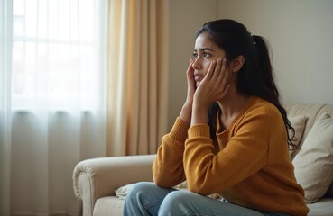 Fototapeta premium Pensive young Indian woman sitting on couch at home. Portrait of sad female in living room with thoughtful pensive expression, touching face. Mental health, depression, stress concept.