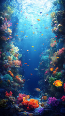 A vertical scene of a coral reef teeming with