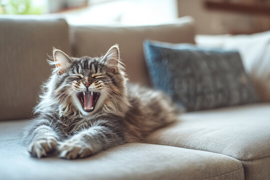 Portrait yawning cat on Sofa Yawning in Comfortable and Cozy Setting