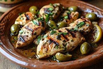 Grilled chicken breast with green olives and herbs on a plate