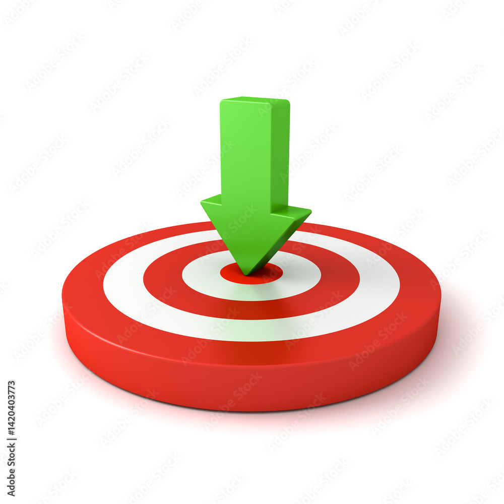 Aufkleber Green arrow aiming or pointing to the center of goal target or dart board isolated on white background minimal focusing business creative idea concepts 3D rendering