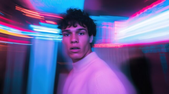 Young man surrounded by neon lights in motion