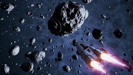 Exploration of asteroid belt with spacecraft navigating through rocky terrain - Powered by Adobe