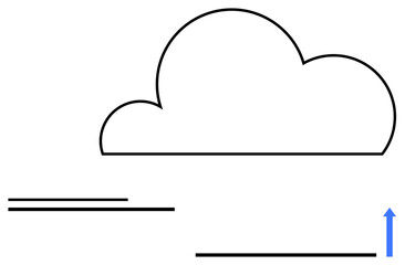 Large outlined cloud with wind lines and upward blue arrow symbolizing development, success, and upward momentum. Ideal for growth, progress, innovation, goals, strategy startup creativity. Flat