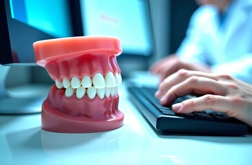 Close-up of a human jaw model against the background of doctors working at a computer in a laboratory.