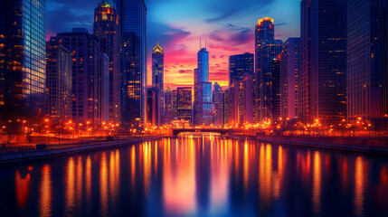 Fototapeta premium A vibrant cityscape captured during dusk feat