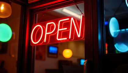 red neon sign open on cafe window, close up