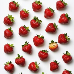 Arrangement of fresh strawberries with green stems on a white background in a square format view from above