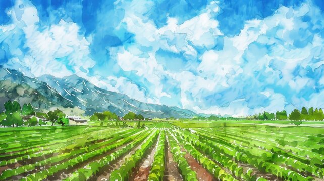 Vibrant watercolor landscape of lush green fields and majestic mountains under blue sky