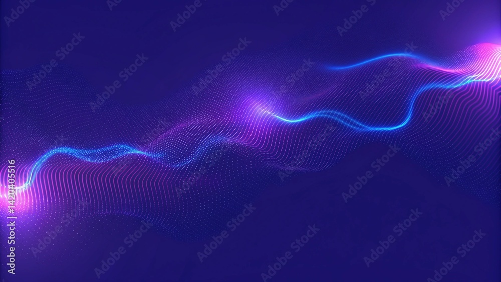 Leinwandbilder Bright wavy background. Glowing dots and lines. Neon light. Wave element for design. Smooth particle waves. Dynamic techno wallpaper. Violet and blue colors. Futuristic motion backdrop visualization.