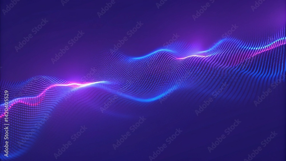 Poster Bright wavy background. Glowing dots and lines. Neon light. Wave element for design. Smooth particle waves. Dynamic techno wallpaper. Violet and blue colors. Futuristic motion backdrop visualization.