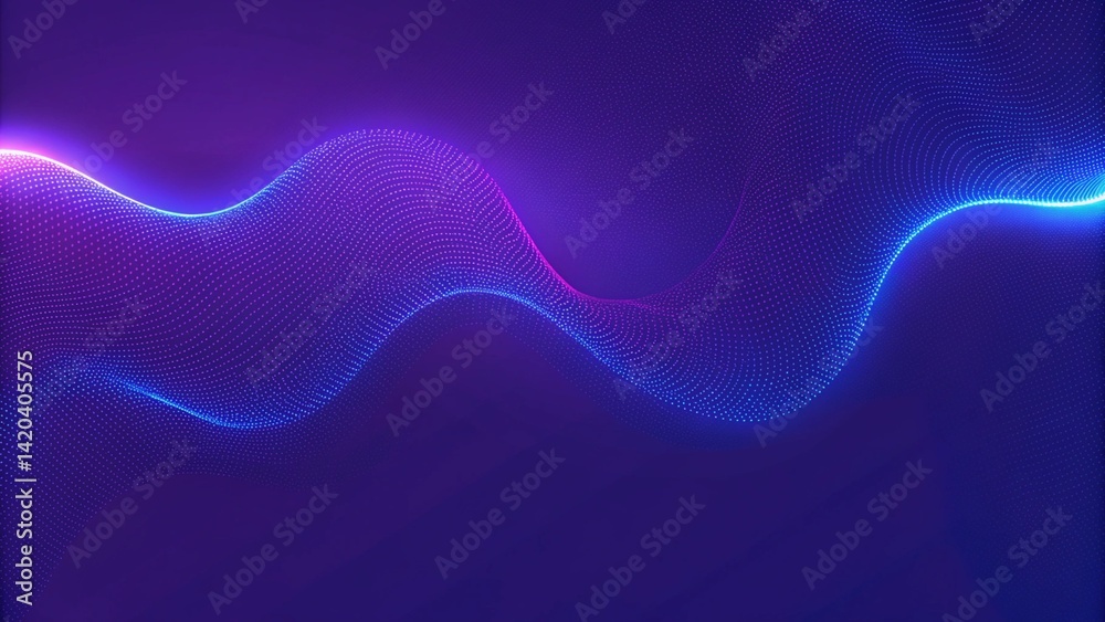 Fototapete Bright wavy background. Glowing dots and lines. Neon light. Wave element for design. Smooth particle waves. Dynamic techno wallpaper. Violet and blue colors. Futuristic motion backdrop visualization.
