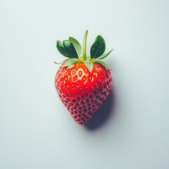 A single strawberry with green leaves isolated on a plain background in a studio setting top view