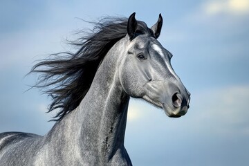 Obraz premium Majestic Blue Roan Stallion: Wild Mustang Galloping on Sykes Ridge, Pryor Mountains, Montana
