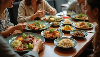 Group friends share meal in restaurant. Plates various dishes rice meat vegetables salad. People enjoy food. Friendship togetherness dinner party. Restaurant atmosphere lunch.