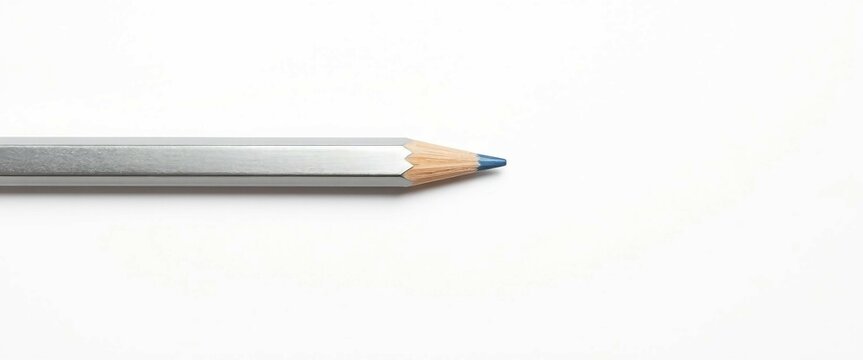 Nahaufnahme eines silbernen Buntstifts mit blauer Mine auf Wei&szlig;. Detail eines Zeichenwerkzeugs f&uuml;r Kunst und kreative Projekte.