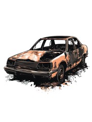 Burned Classic Car Artwork &ndash; Urban Decay and Destruction Illustration
