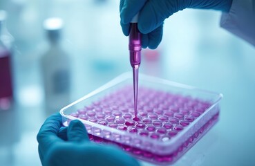 Scientist in gloves performs cell culture experiment with pipette in medical lab. Genetic engineering, medical research, biotechnology, virus, bacteria tests in laboratory. Medicine, health,