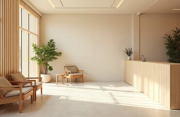 Bright minimalist reception area, featuring wooden furniture, natural light. Wooden chairs, table, reception desk, plants. Sunlight accents, inviting atmosphere. Design, modern colors, contrast.