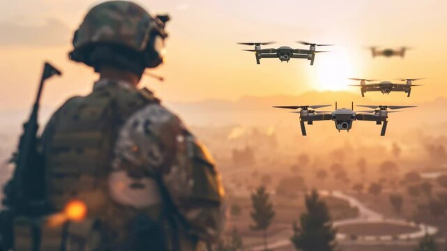 Silhouette of a soldier controlling drones for military combat and reconnaissance operations