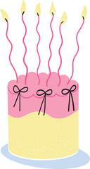 Vector illustration of cute cake with pink icing, spiral burning candles and decorated with bows isolated on white background, celebration symbol, birthday card