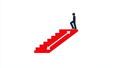 Stick figure climbs stairs to success; career growth concept. White background