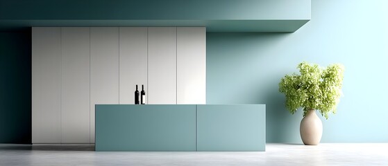 Modern minimalist kitchen with teal accents and greenery