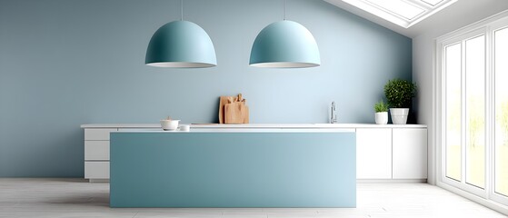 Modern minimalist kitchen with blue accents and natural light